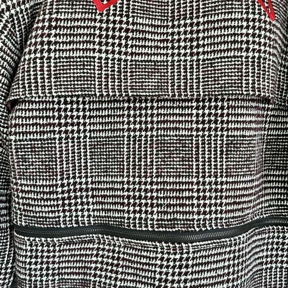 Maroon Black White Womens Wool Jacket Coat Plaid Houndstooth Double-Breasted M